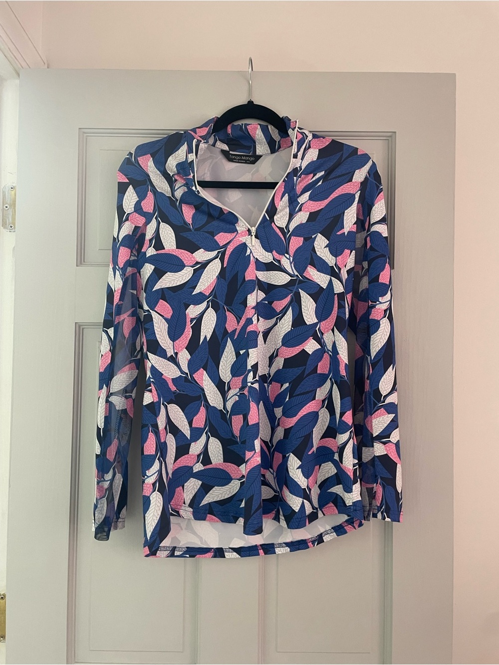 Tango Mango Blue Pink White Leaf-Print Quarter-Zip Long-Sleeve Top